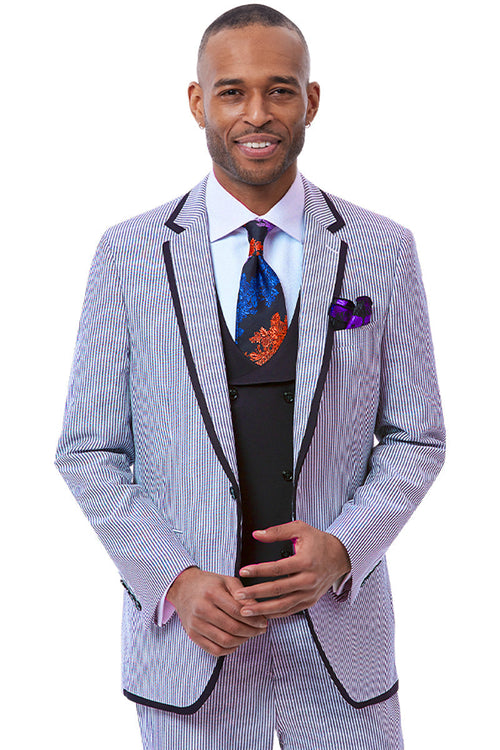 Men's One Button Jacket + Pants Fashion Seersucker Suit with Double Breasted Vest in Blue