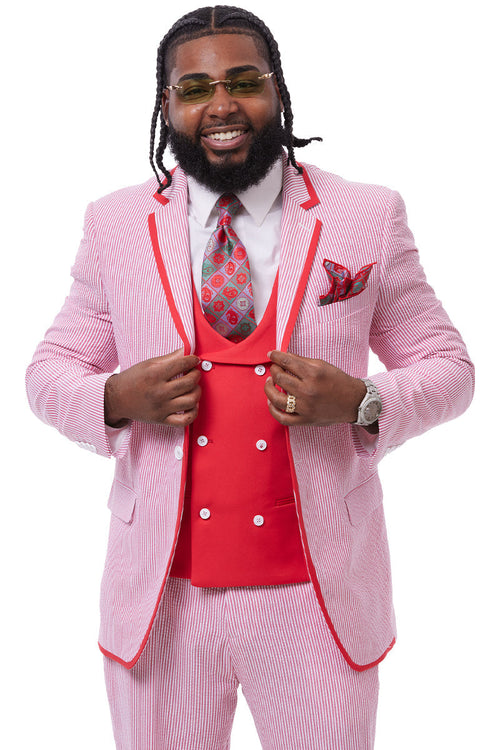 Men's One Button Jacket + Pants Fashion Seersucker Suit with Double Breasted Vest in Red