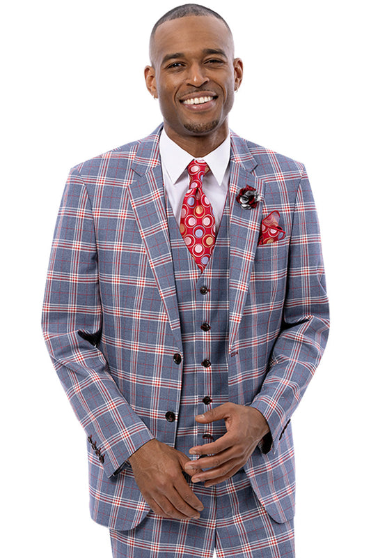 Men's Two Button Vested Suit in Grey & Red Windowpane Plaid