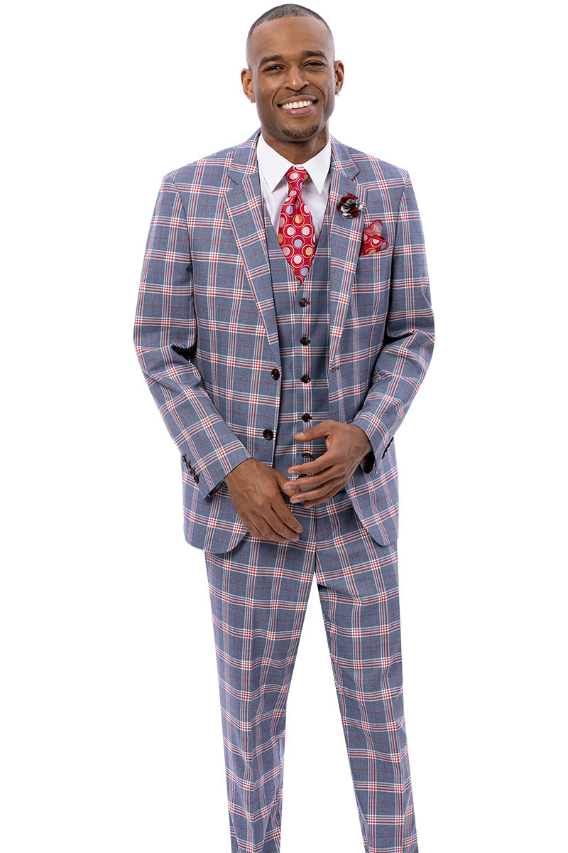 Men's Two Button Vested Suit in Grey & Red Windowpane Plaid - 34 Regular