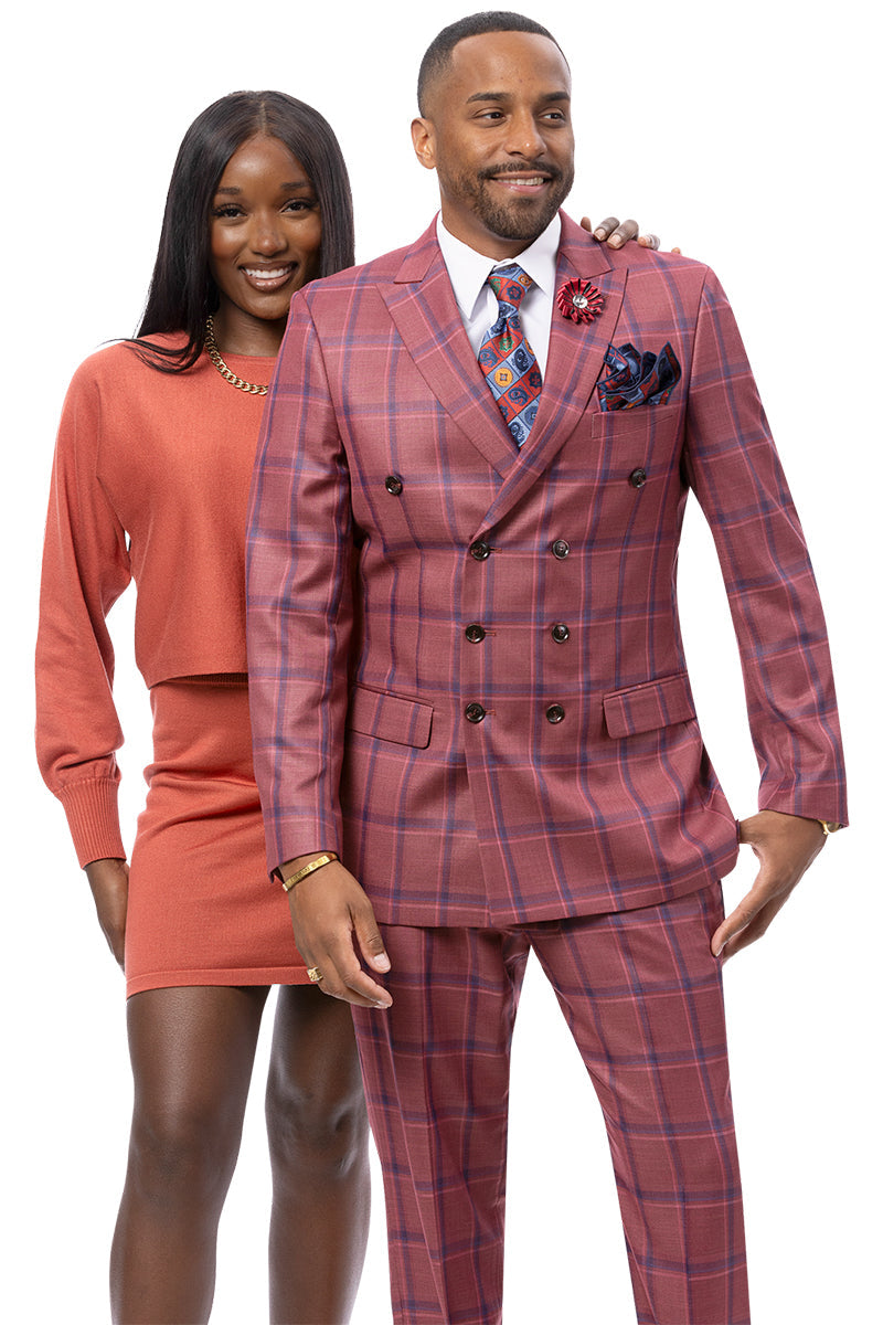 Men's Double Breasted Fashion Suit in Light Burgundy Windowpane Plaid - 34 Regular