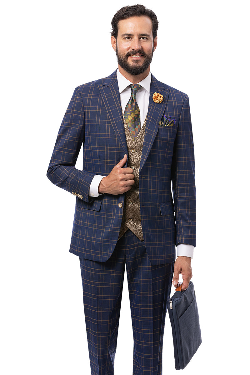 Men's Modern Fit Double Windowpane Plaid Suit with Paisley Vest in Navy Blue - 34 Regular