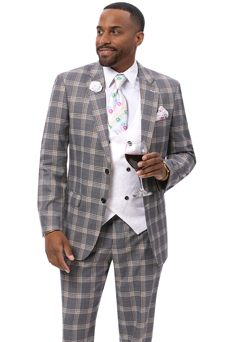Men's Two Button Windowpane Plaid Suit in Grey with Double Breasted White Paisley Vest - 34 Regular