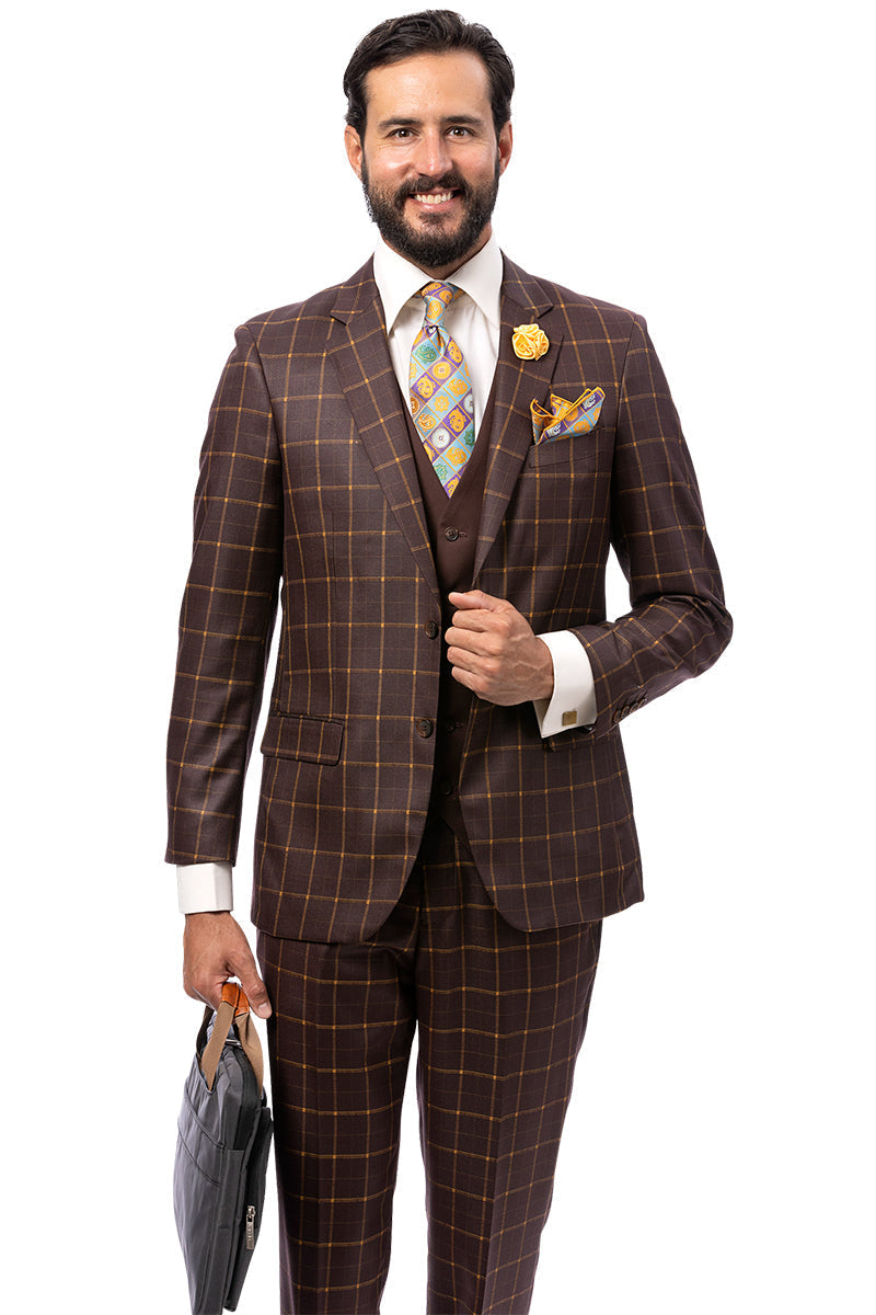 Men's Moder Fit Vested Suit in Dark Brown Windowpane Plaid - 34 Regular