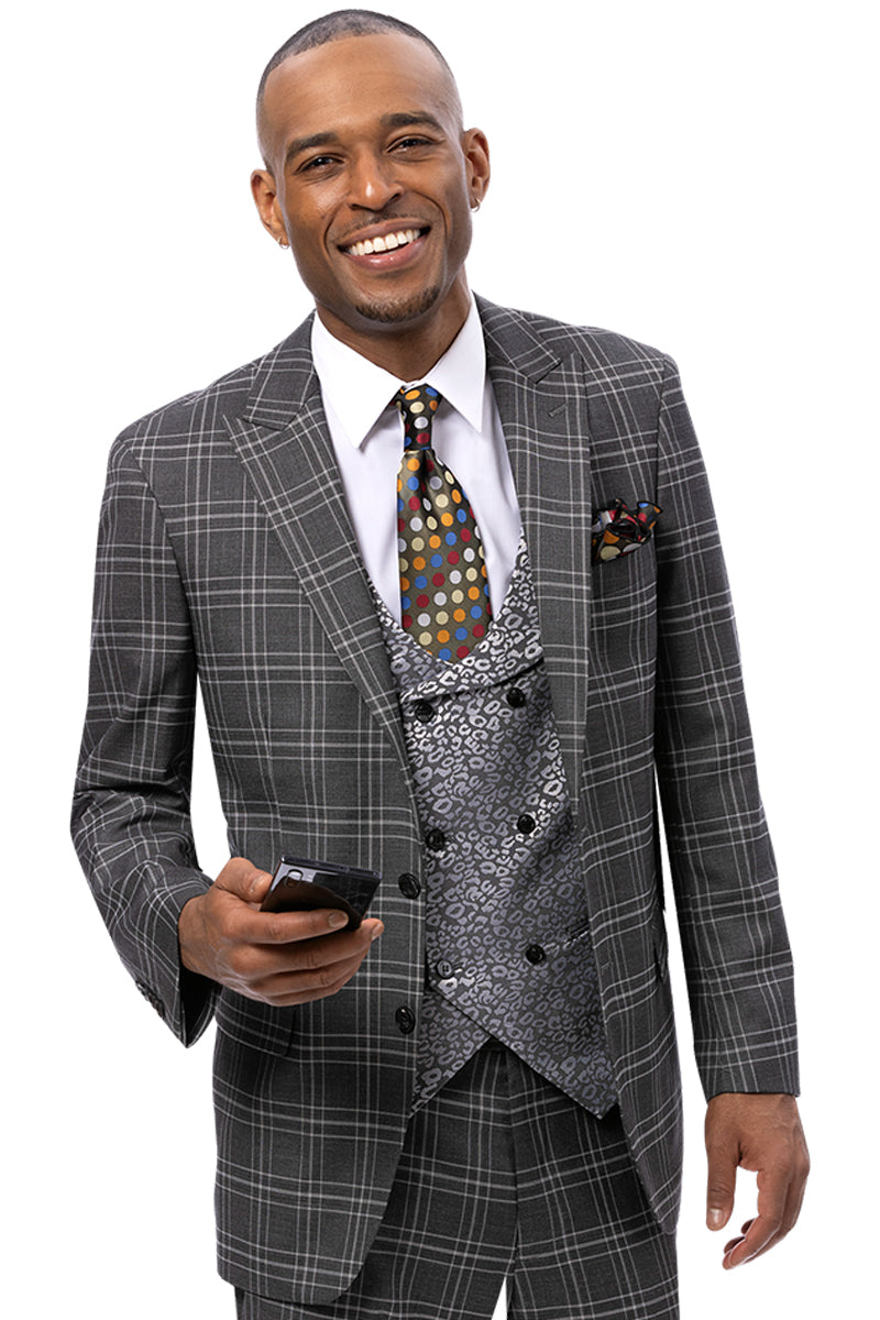 Men's Modern Fit Windowpane Plaid Suit with Paisley Double Breasted Vest in Charcoal Grey - 34 Regular