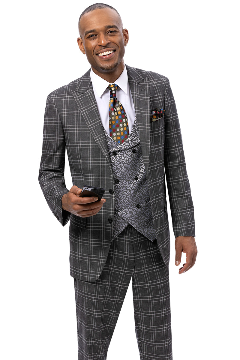 Men's Modern Fit Windowpane Plaid Suit with Paisley Double Breasted Vest in Charcoal Grey - 34 Regular