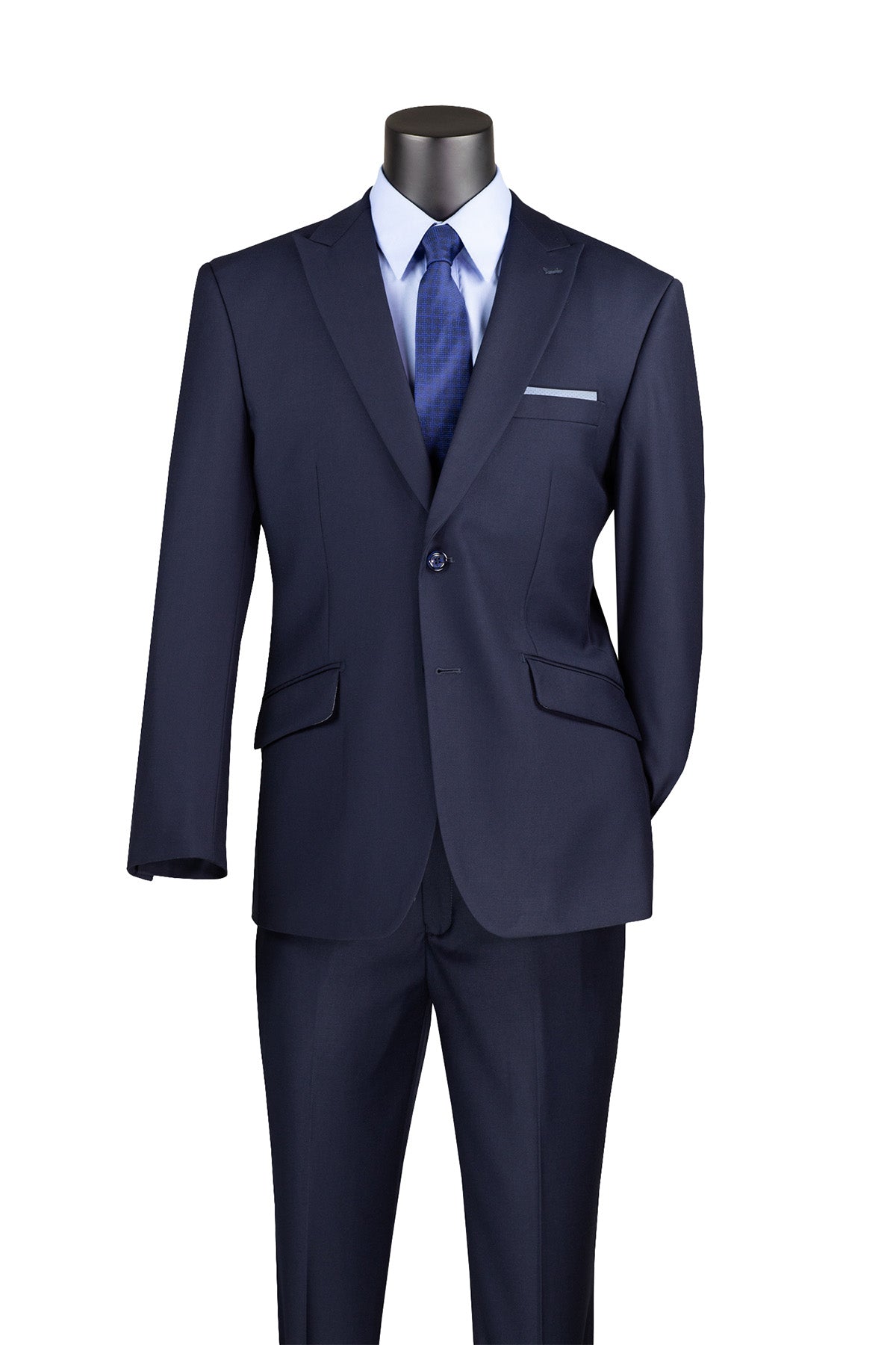 Navy Modern Fit 2 Piece Suit Textured Solid with Peak Lapel - Navy