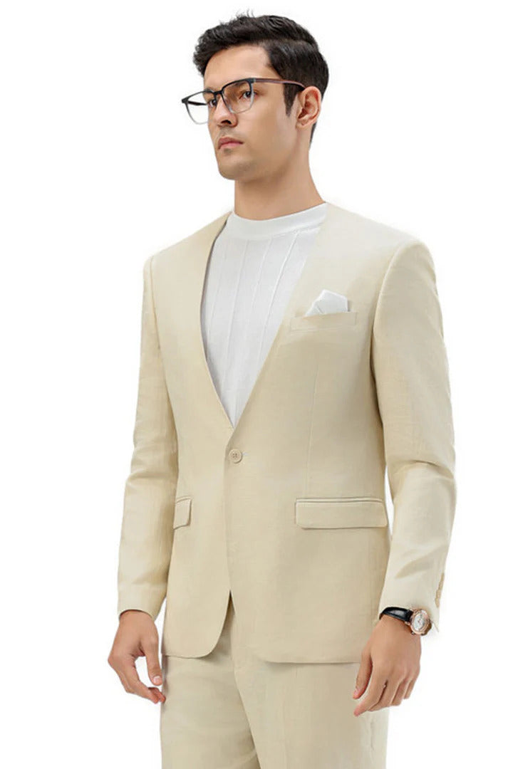 Men's Modern Fit Collarless Summer Wedding Suit in Tan - 36 Regular