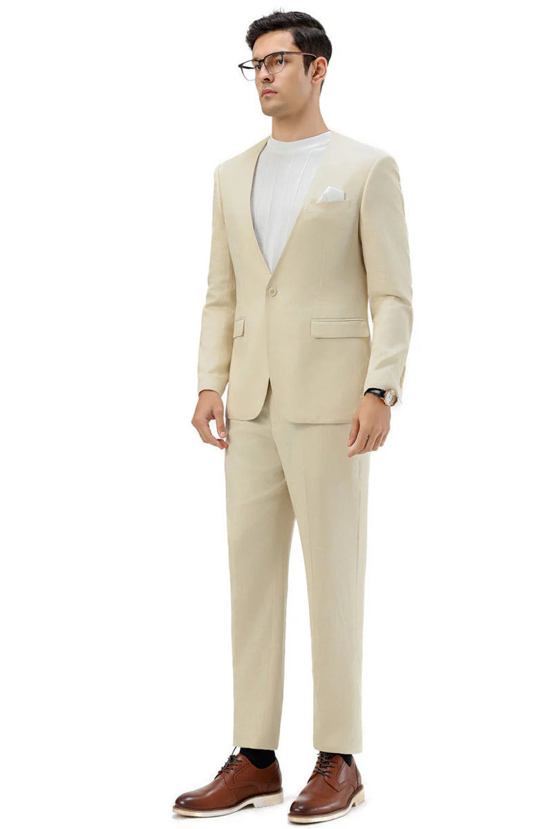 Men's Modern Fit Collarless Summer Wedding Suit in Tan - 36 Regular