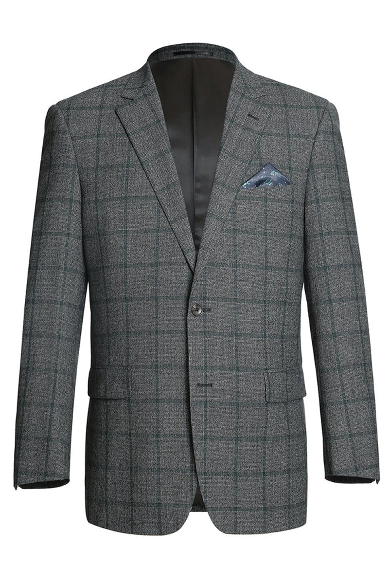 "Classic Fit Wool Sport Coat Blazer for Men - Two Button, Brown & Olive Green Windowpane Plaid"