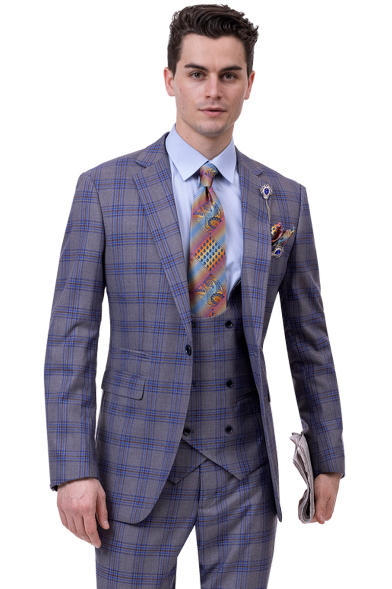 "Modern Men's One Button Vested Suit - Grey & Navy Blue Windowpane Plaid"