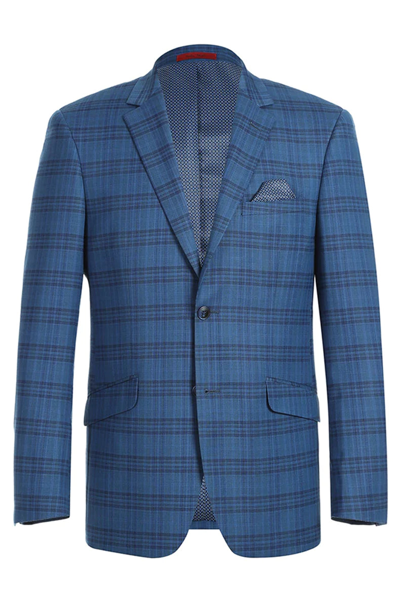 "Indigo Blue Windowpane Plaid Slim Fit Blazer - Men's Two-Button Sport Coat"