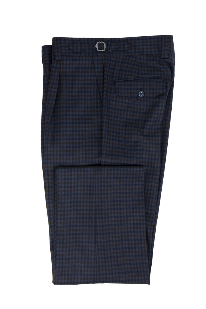 Tiglio Luxe Navy and Brown Check Semi-Wide Leg Wool Marbella Dress Pants TL5543 - 32