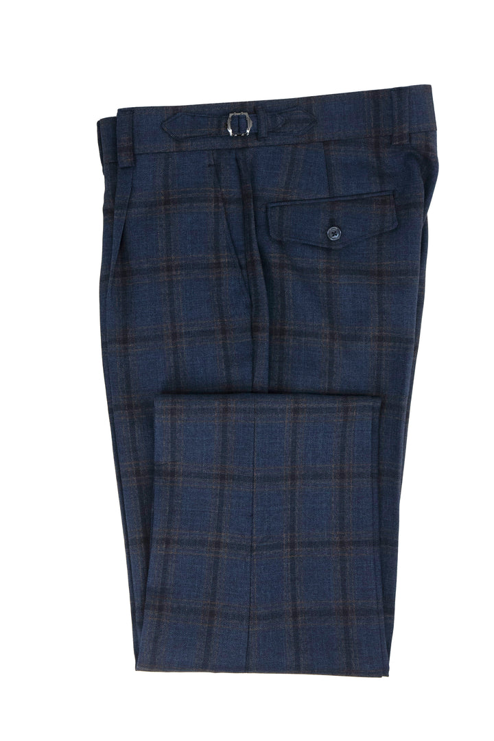 Tiglio Luxe Blue with Brown Windowpane Semi-Wide Leg Wool Marbella Dress Pants TL8101 - 32
