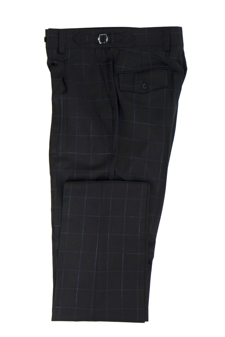 Tiglio Luxe Black with Light Blue Windowpane Semi-Wide Leg Wool Marbella Dress Pants TL5103 - 32