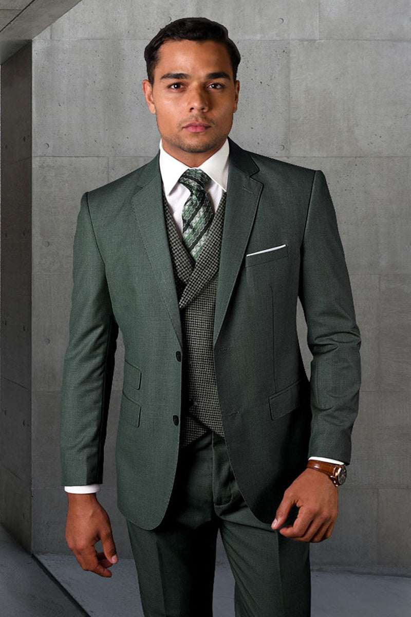Men's Designer Two Button Wool Suit in Hunter Green with Micro Plaid Double Breasted Vest - 36 Short