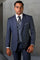 Men's Designer Two Button Wool Suit in Indigo Blue with Micro Plaid Double Breasted Vest