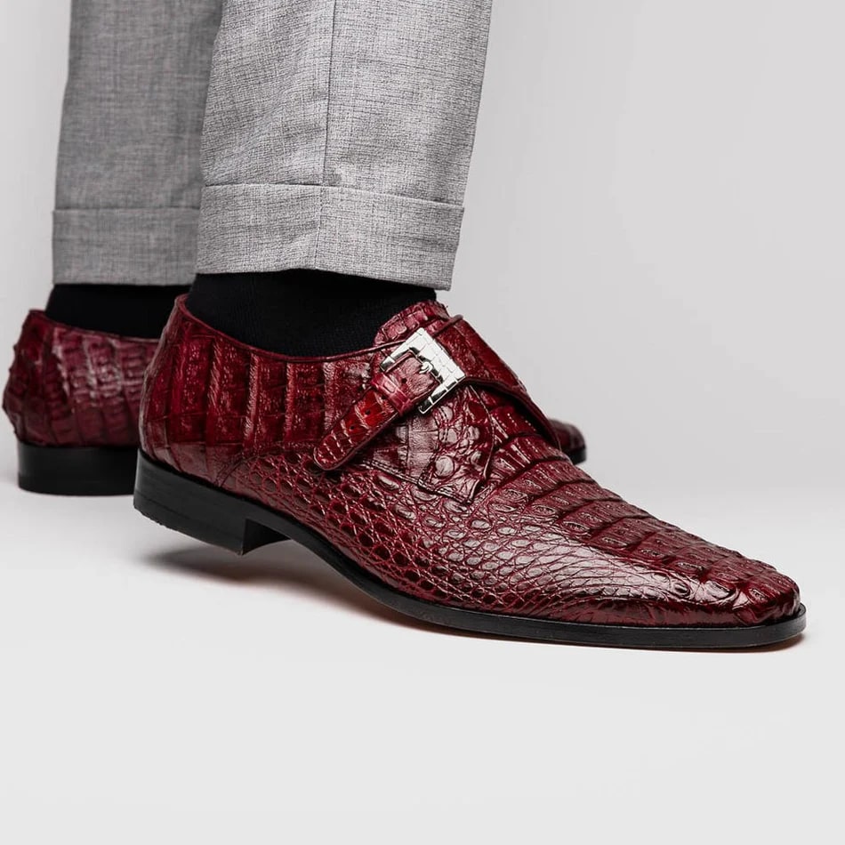 Marco Di Milano Rovigo Men's Shoes Wine Exotic Crocodile Skin Single Monk-strap Loafers - 6