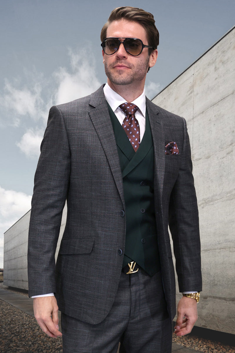Men's Designer Wool Suit in Hunter Green Sharkskin with Double Breasted Vest - 36 Short