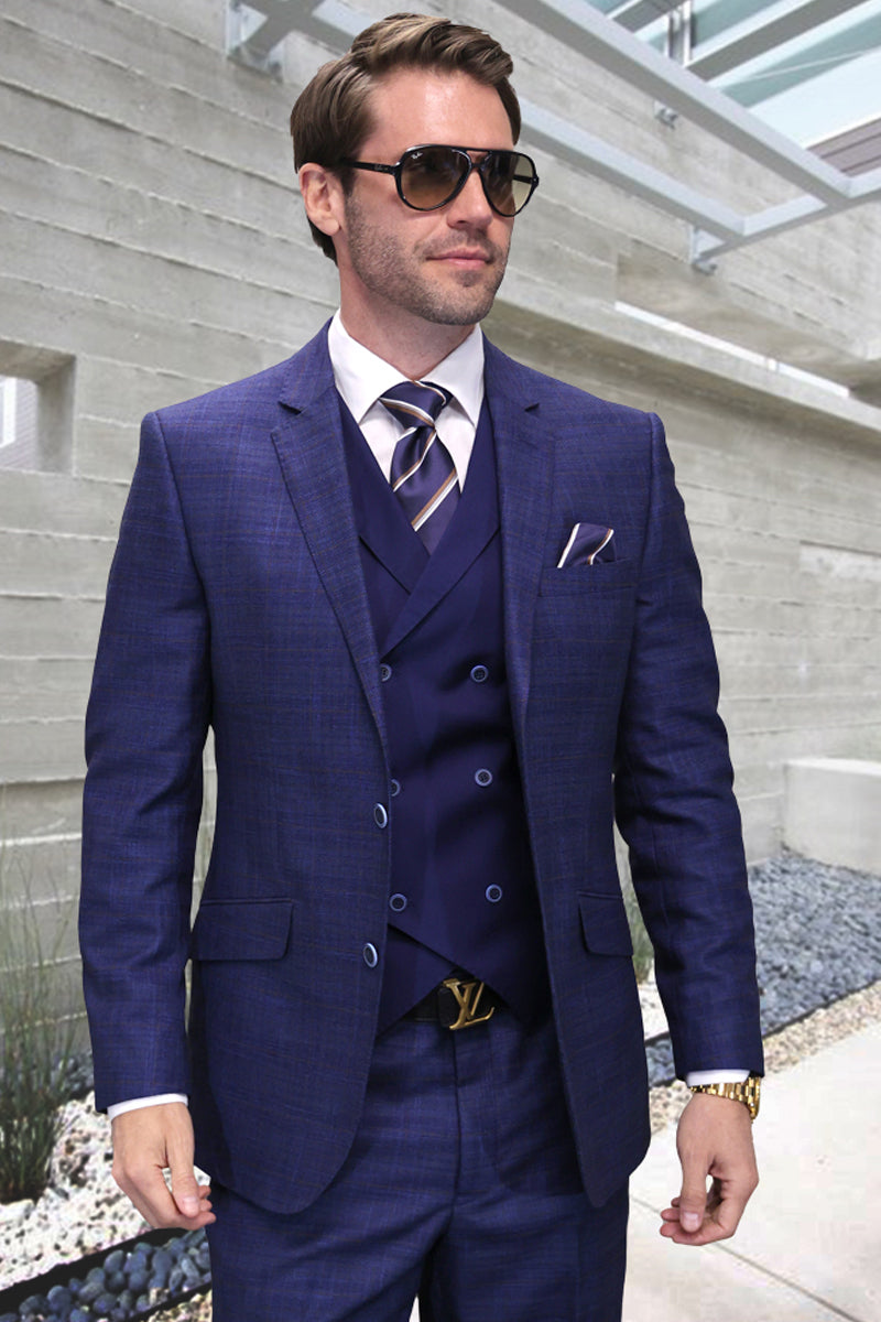 Men's Designer Wool Suit in Sapphire Blue Sharkskin with Double Breasted Vest - 36 Short