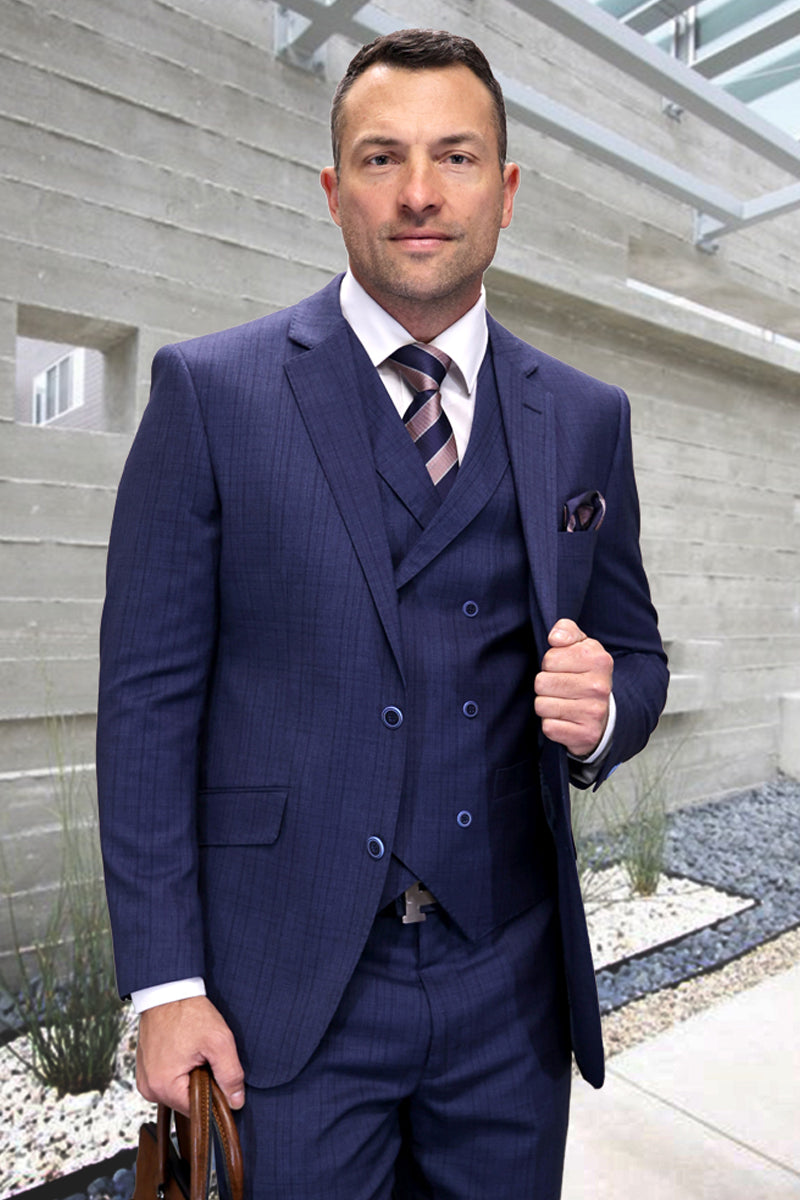 Men's Two Button Modern Fit Wool Suit in Blue Plaid with Double Breasted Vest - 36 Short