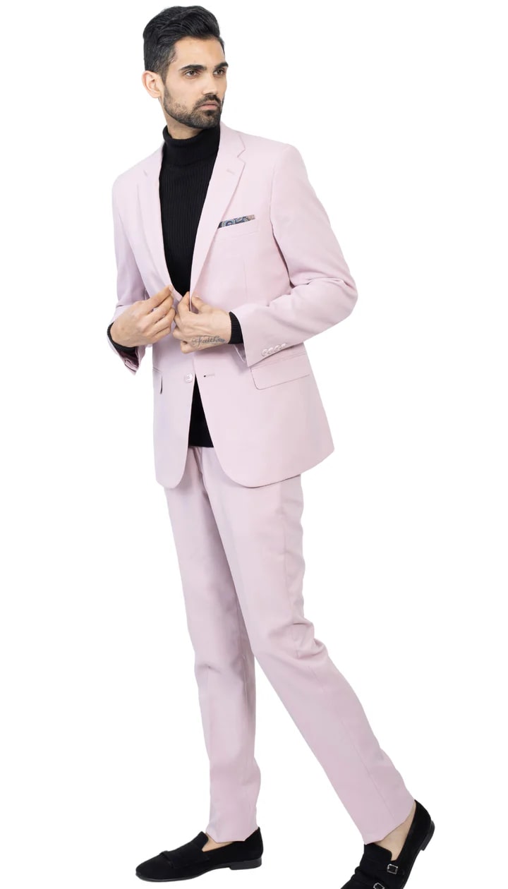 Paul Lorenzo Mens Pale Mauve Slim Fit 2 Piece Suit - 38 Short Jacket+32 Waist Adjustable 28to34)(Height: 5 4 to5 7 )(Neck  15-16.5)S-M)