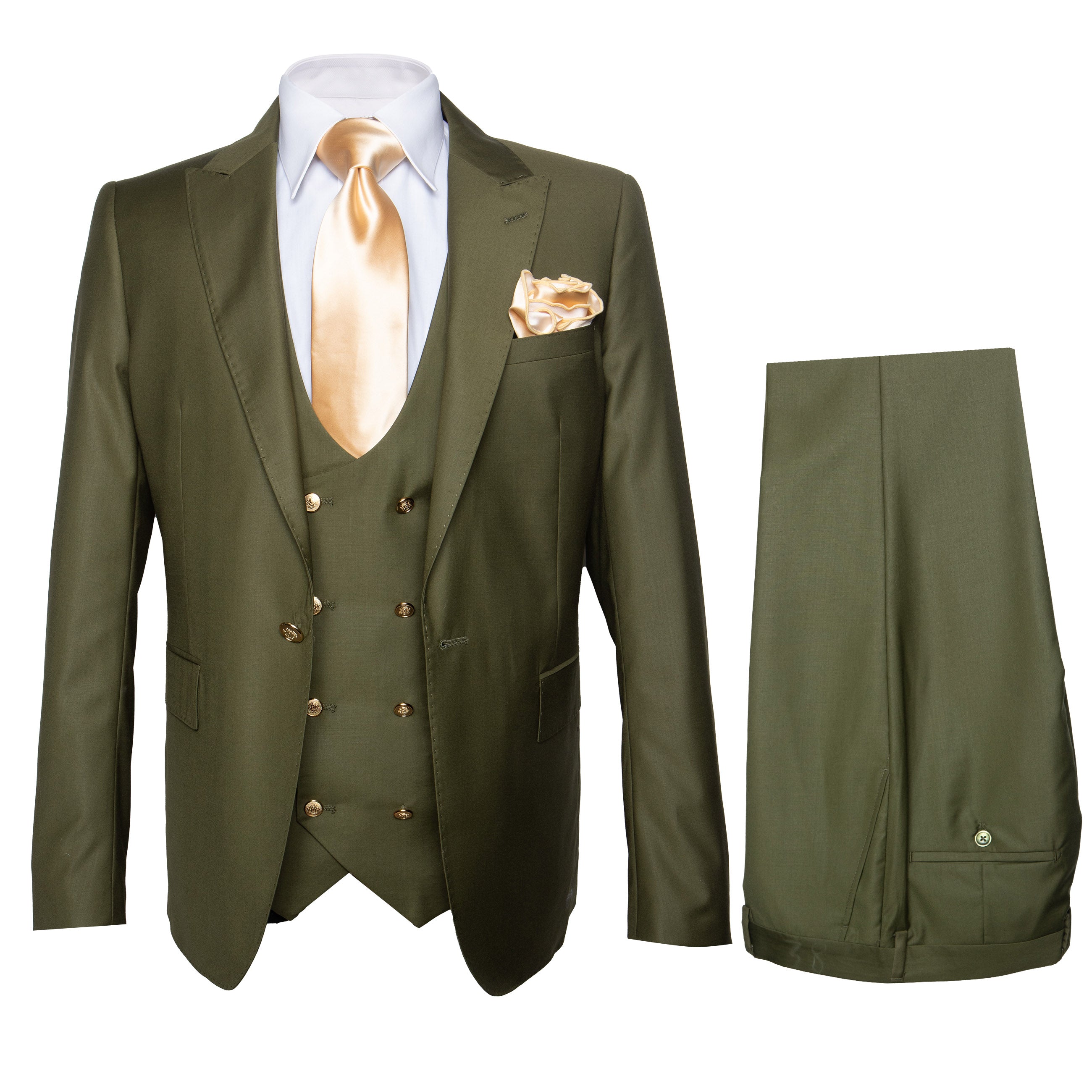 Rossi Man MAX RM1775 Slim Fit 3-Piece Suit – Sophisticated Tailored Olive Green Suit for Men - 34R