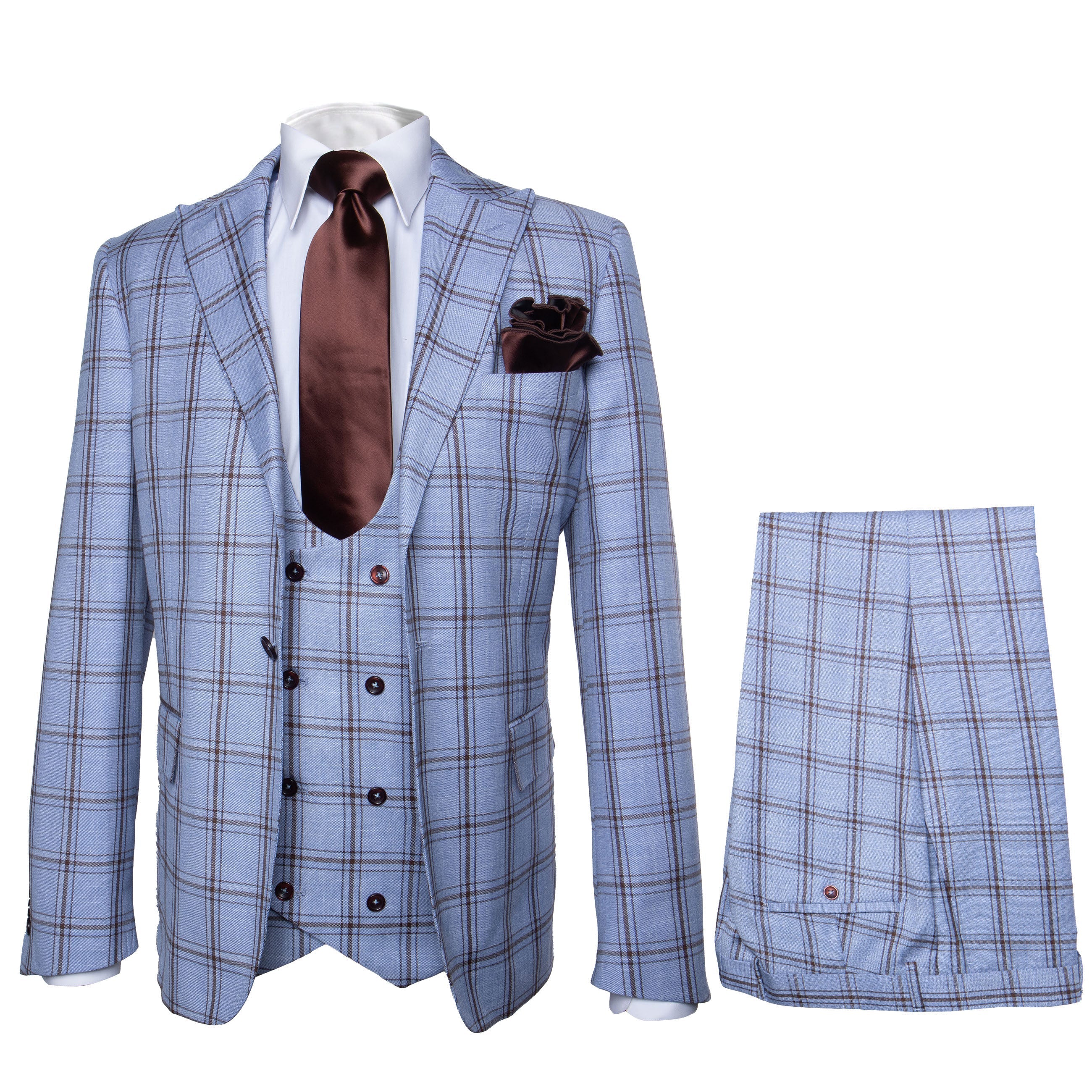 Rossi Man MAX RM1822 Slim Fit 3-Piece Suit – Premium Light Blue & Brown Plaid Formal Suit for Men - 34R