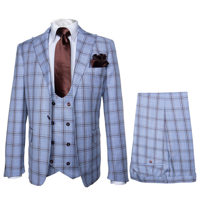 Rossi Man MAX RM1822 Slim Fit 3-Piece Suit â€“ Premium Light Blue & Brown Plaid Formal Suit for Men