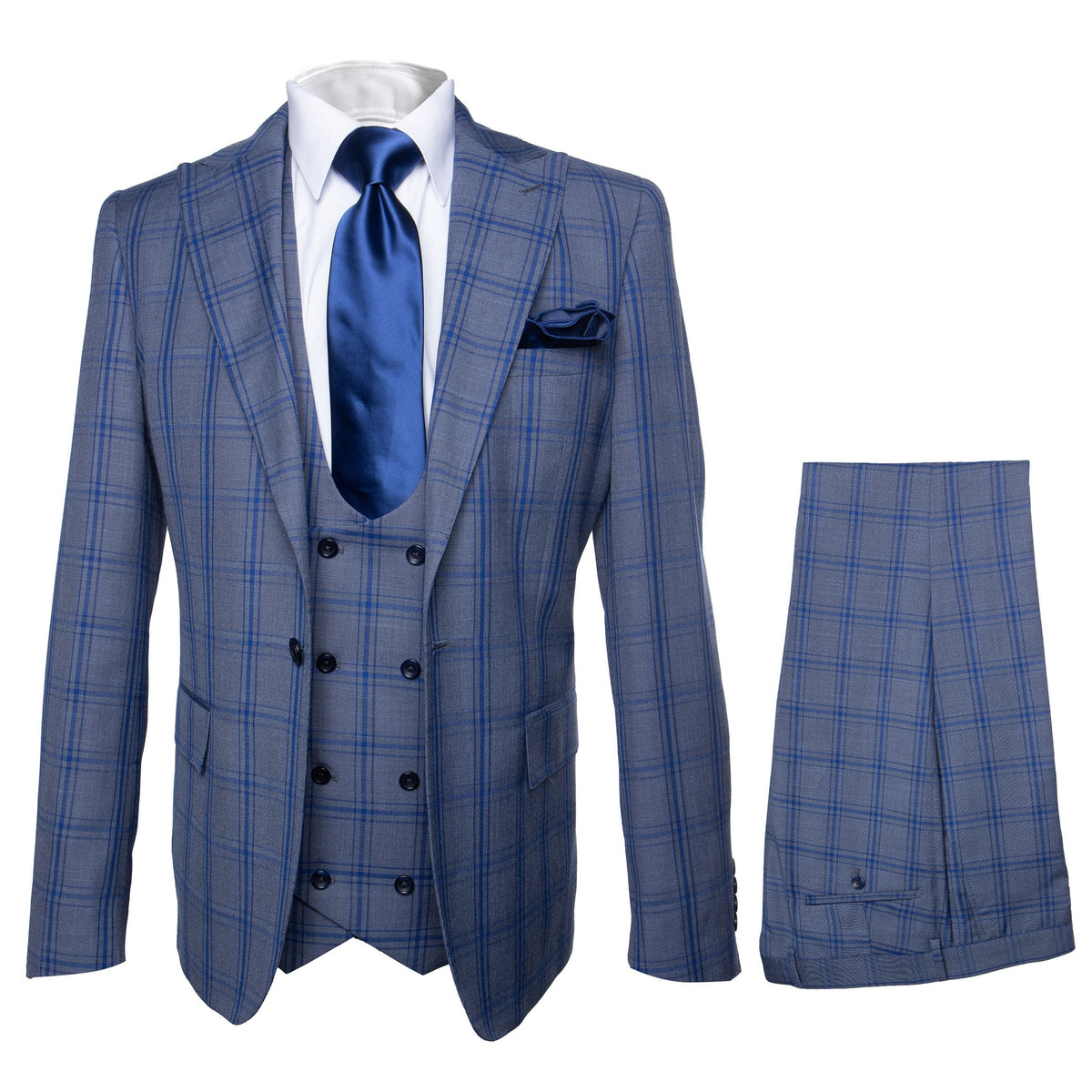 Rossi Man MAX RM1823 Slim Fit 3-Piece Blue Plaid Suit â€“ Tailored for Weddings & Business
