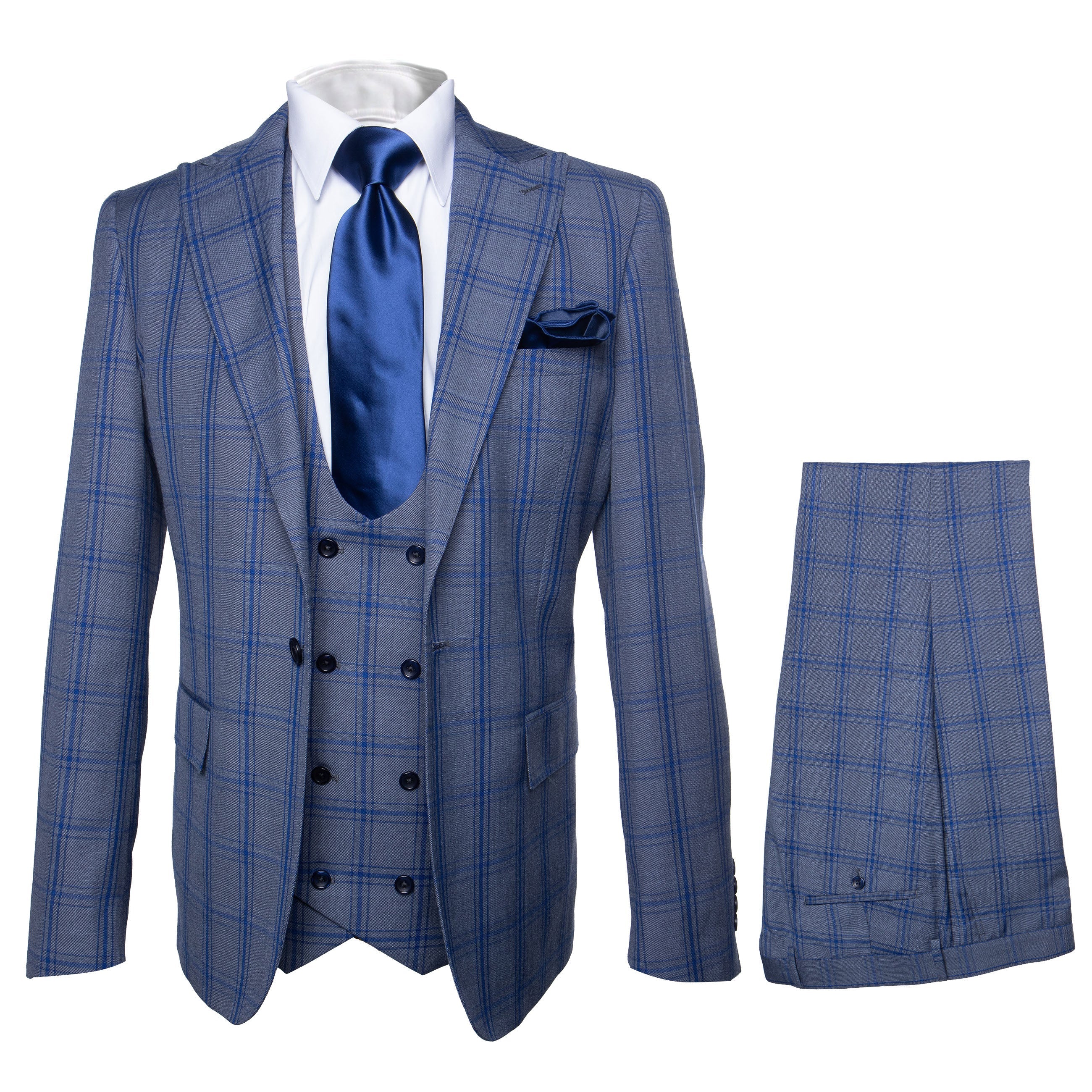 Rossi Man MAX RM1823 Slim Fit 3-Piece Blue Plaid Suit – Tailored for Weddings & Business - 34R