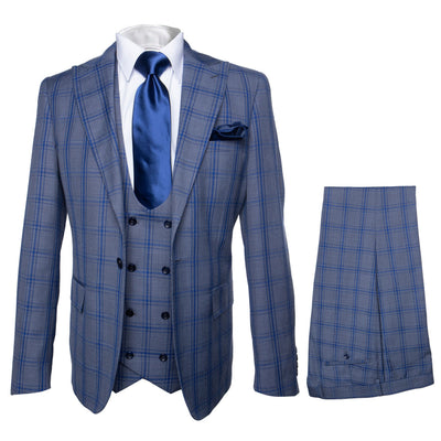 Rossi Man MAX RM1823 Slim Fit 3-Piece Blue Plaid Suit â€“ Tailored for Weddings & Business