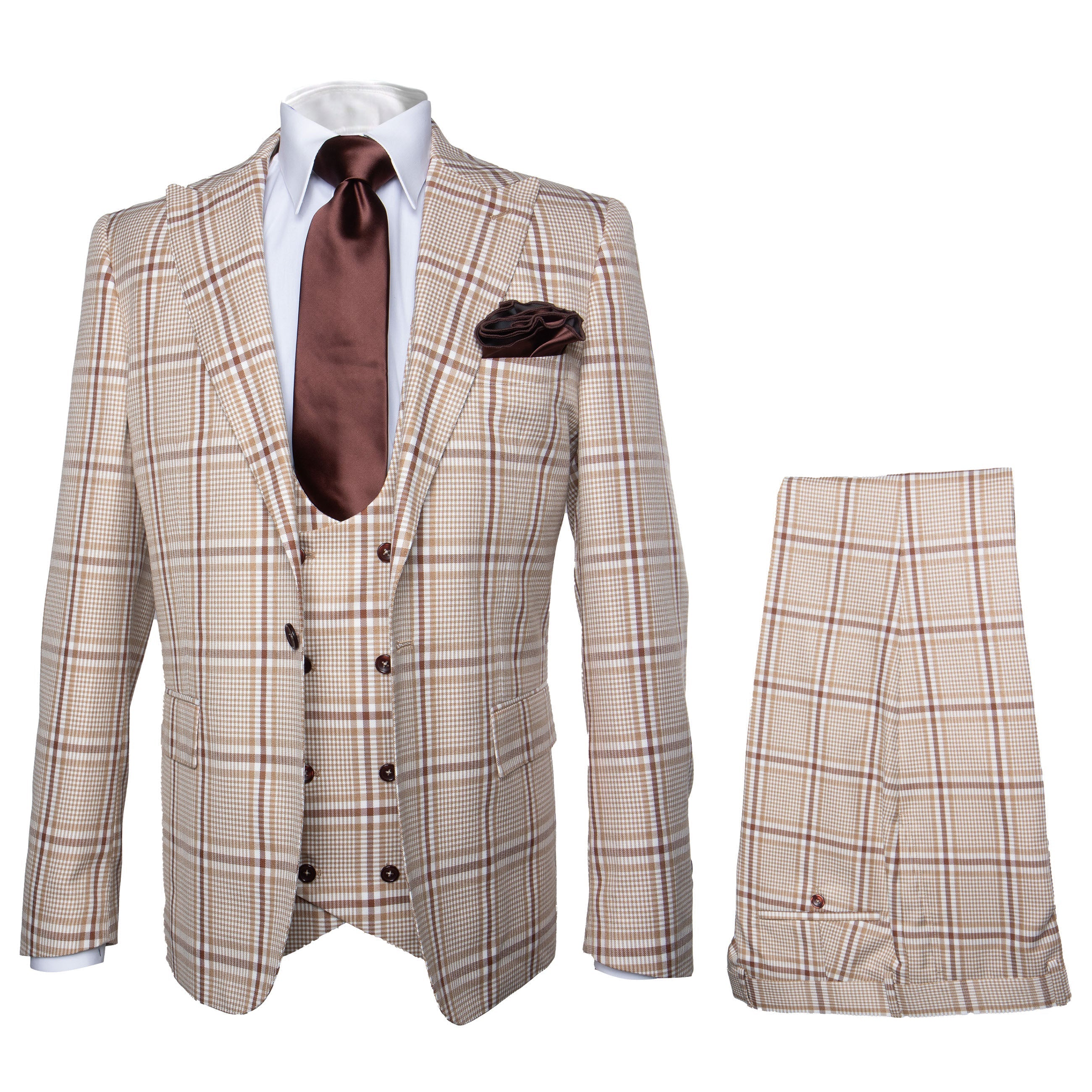 Rossi Man MAX RM1824 Slim Fit 3-Piece Light Brown Suit – Elegant Formalwear for Men - 34R