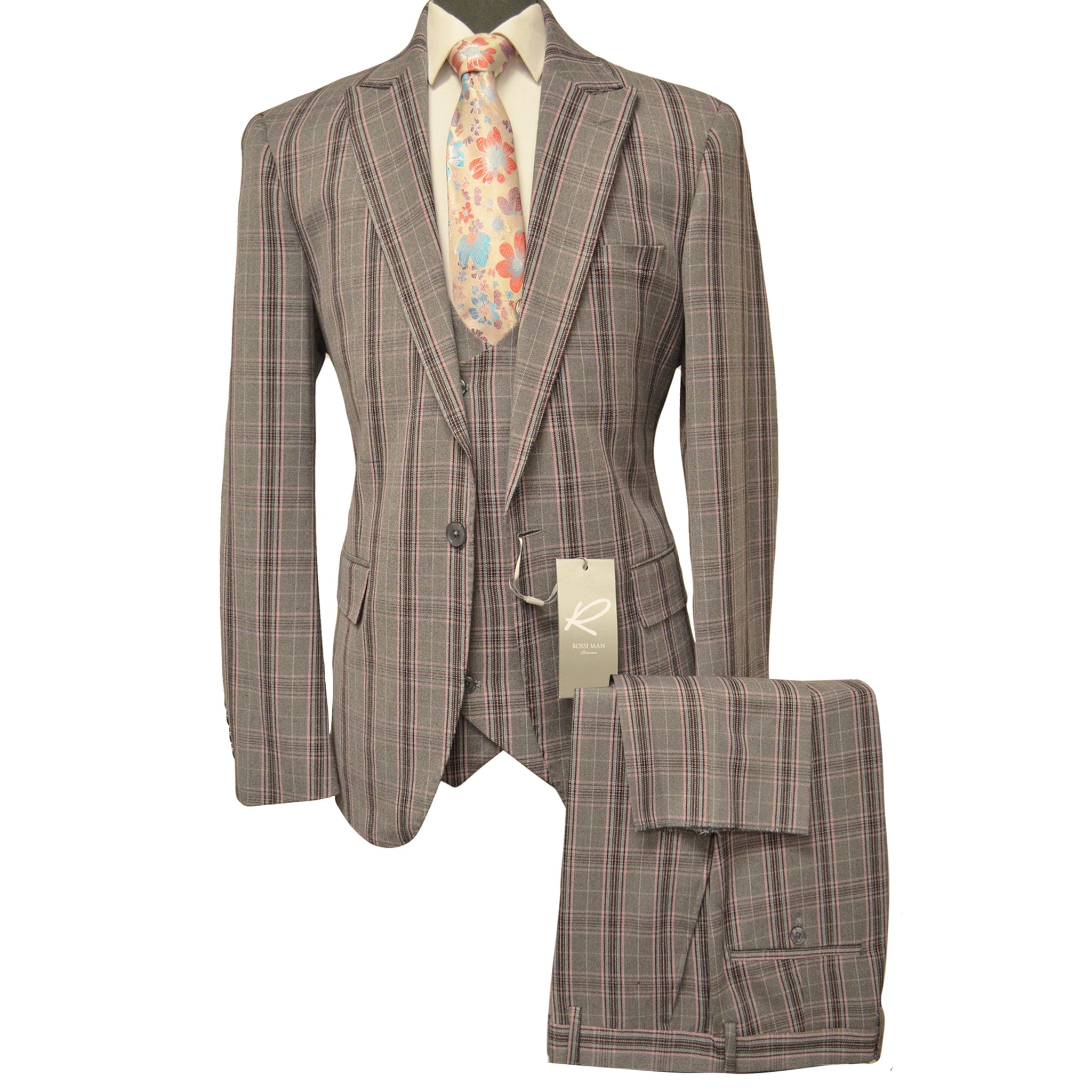 Rossiman Suits For Sale -  Mens Designer Suit - Fashion Suits - Fancy Tan/black Suits - 38 Short Jacket+32 Waist Adjustable 28to34)(Height: 5 4 to5 7 )(Neck  15-16.5)S-M)