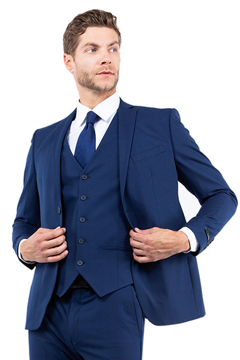 Navy Blue Men's Slim Fit Business & Wedding Suit - One Button Vested