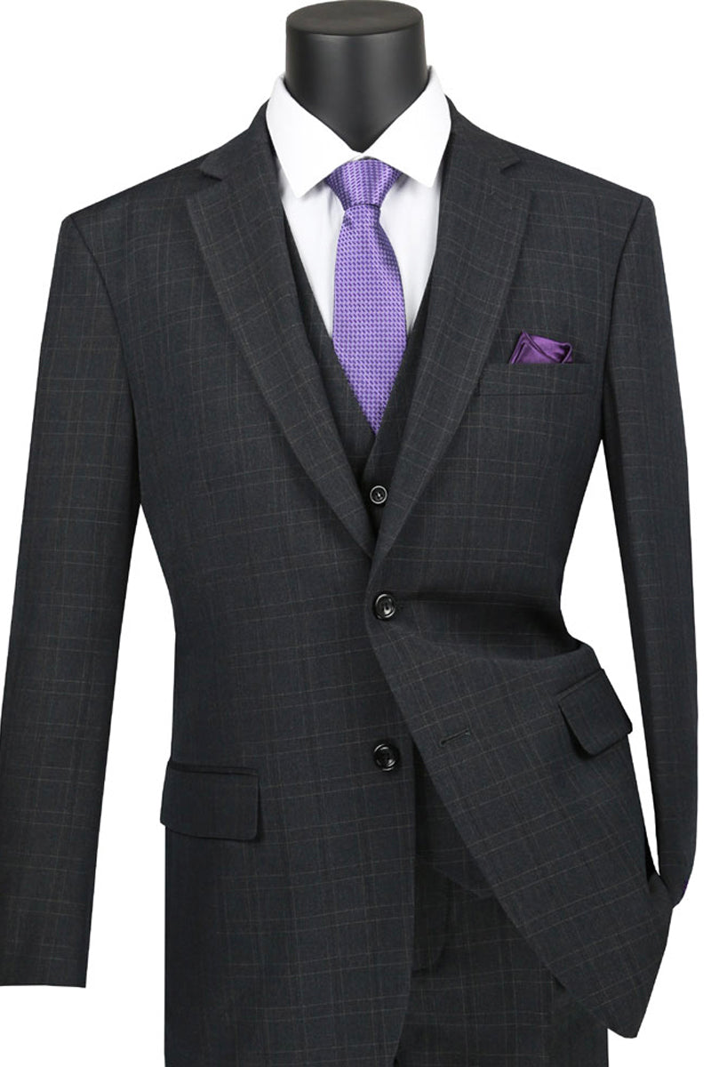 Mens Classic Fit Banker Plaid Vested Suit in Black - 42 Regular