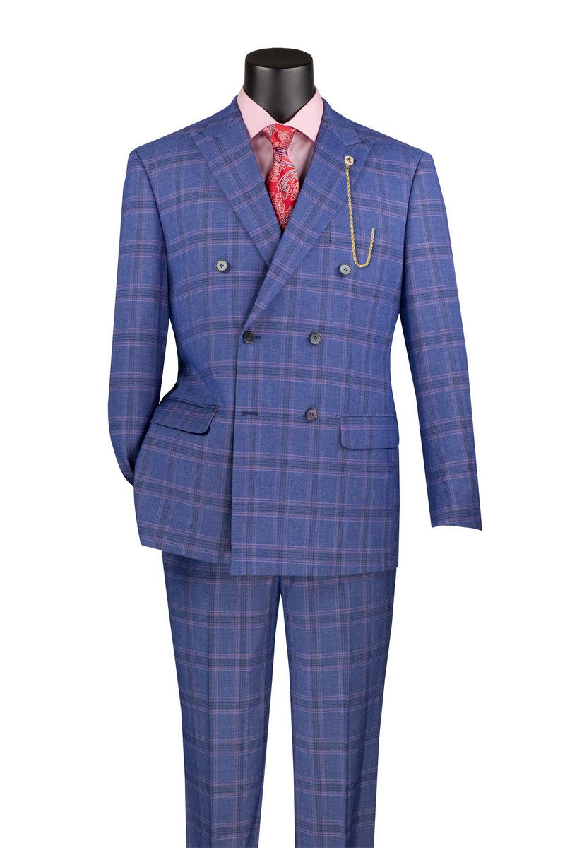 Blue Modern Fit Double Breasted Glen Plaid Peak Lapel 2 Piece Suit - Blue
