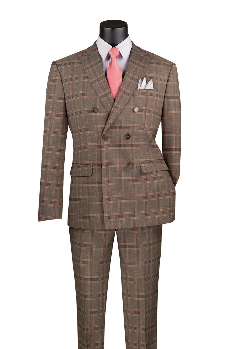 Brown Modern Fit Double Breasted Glen Plaid Peak Lapel 2 Piece Suit - Brown
