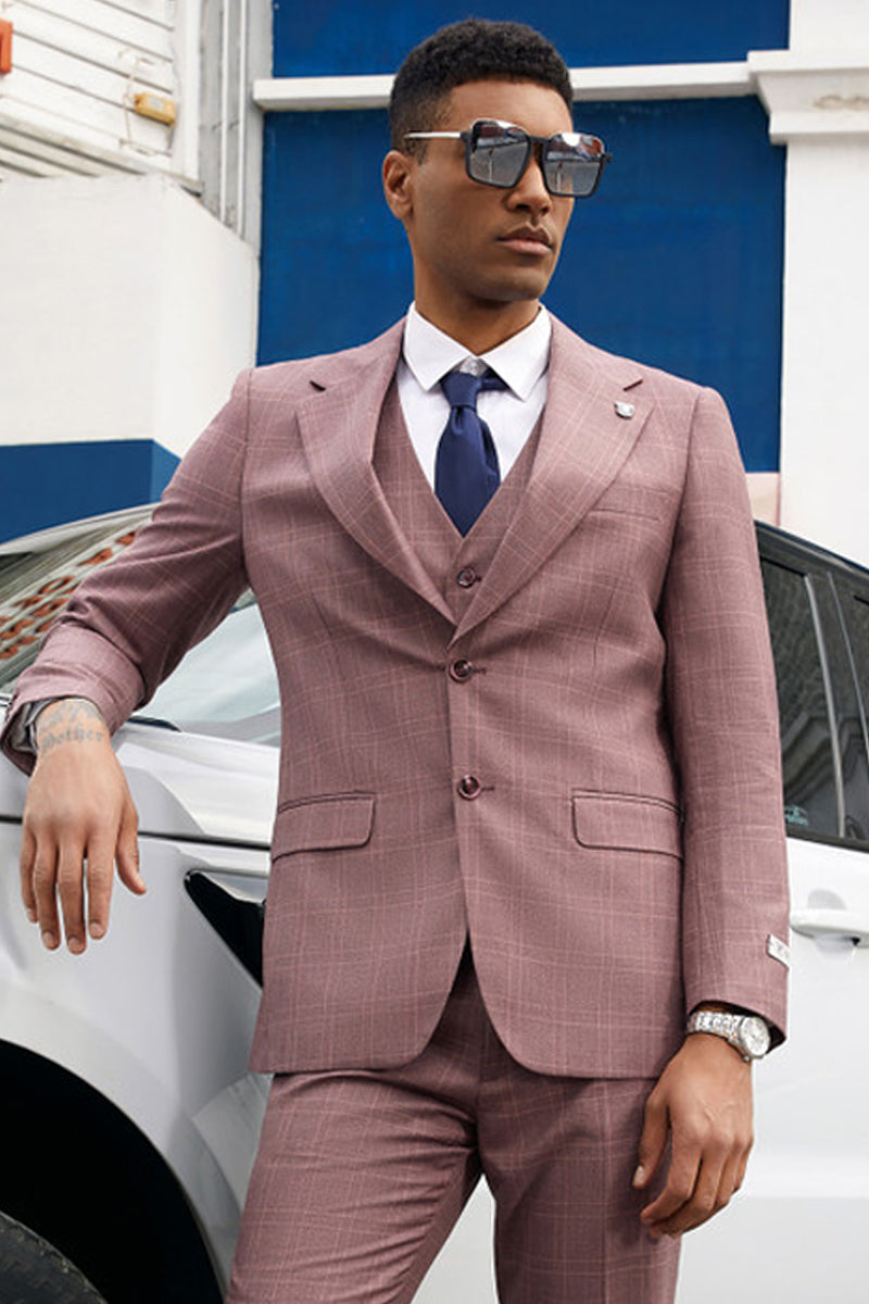 "Mens Stacy Adams Suit - Stacy Adams Suit Men's Vested Business Suit - Two Button, Mauve Plaid" pink - 42 Short