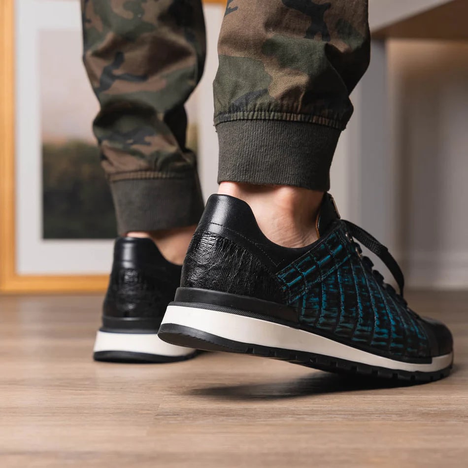 Marco Di Milano Portici Men's Shoes Blue & Black Exotic Lizard / Crocodile Casual Sneakers - 8.5