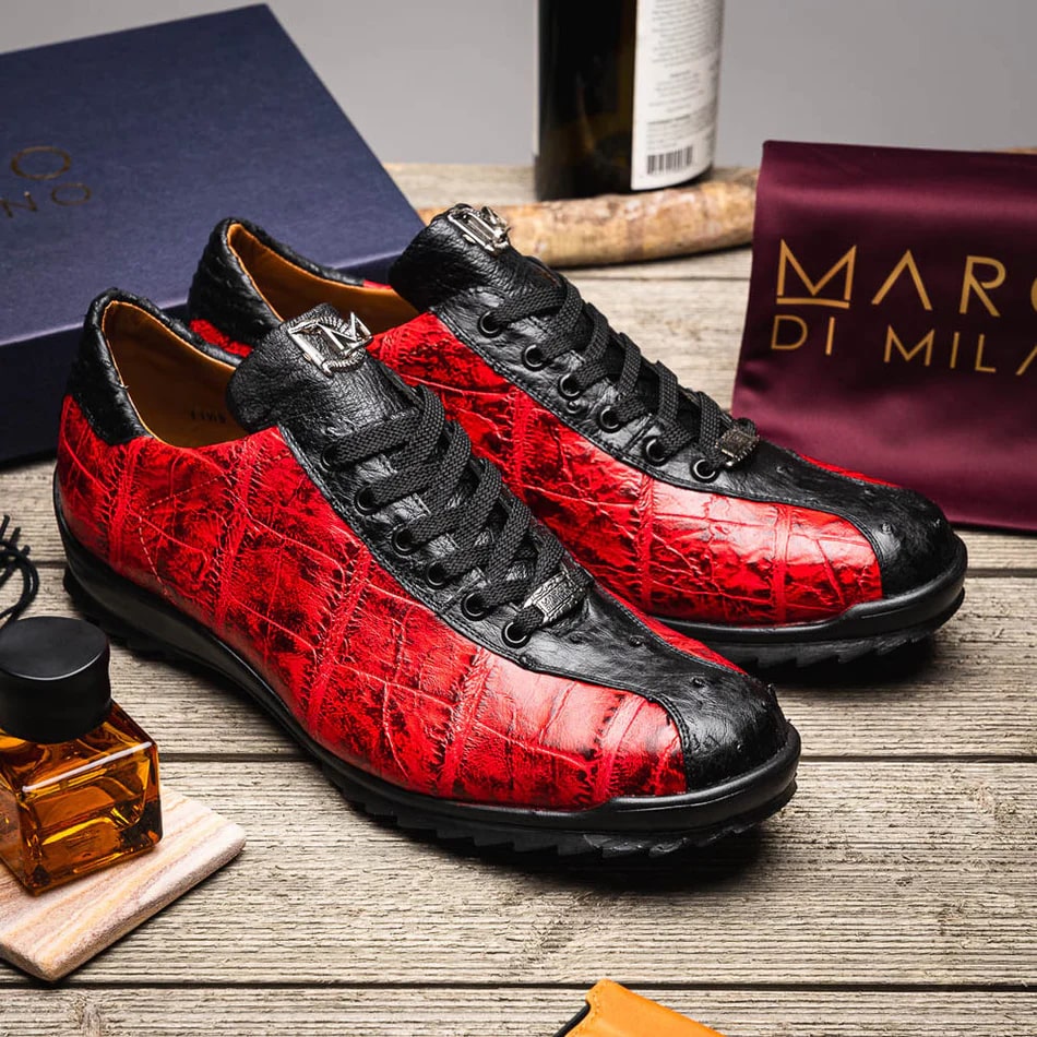 Marco Di Milano Saulo Men's Shoes Black & Red Exotic Ostich / Alligator Casual Sneakers - 6