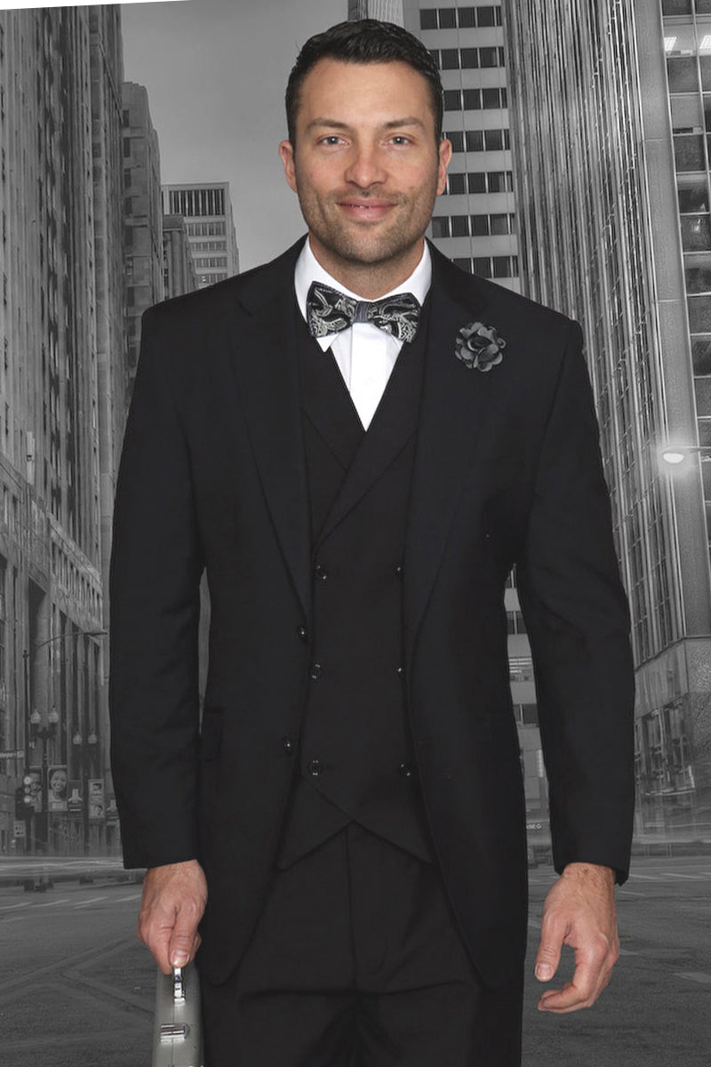 Men's Designer Classic Fit Pleated Pant Wool Suit with Double Breasted Vest in Black - 36 Short