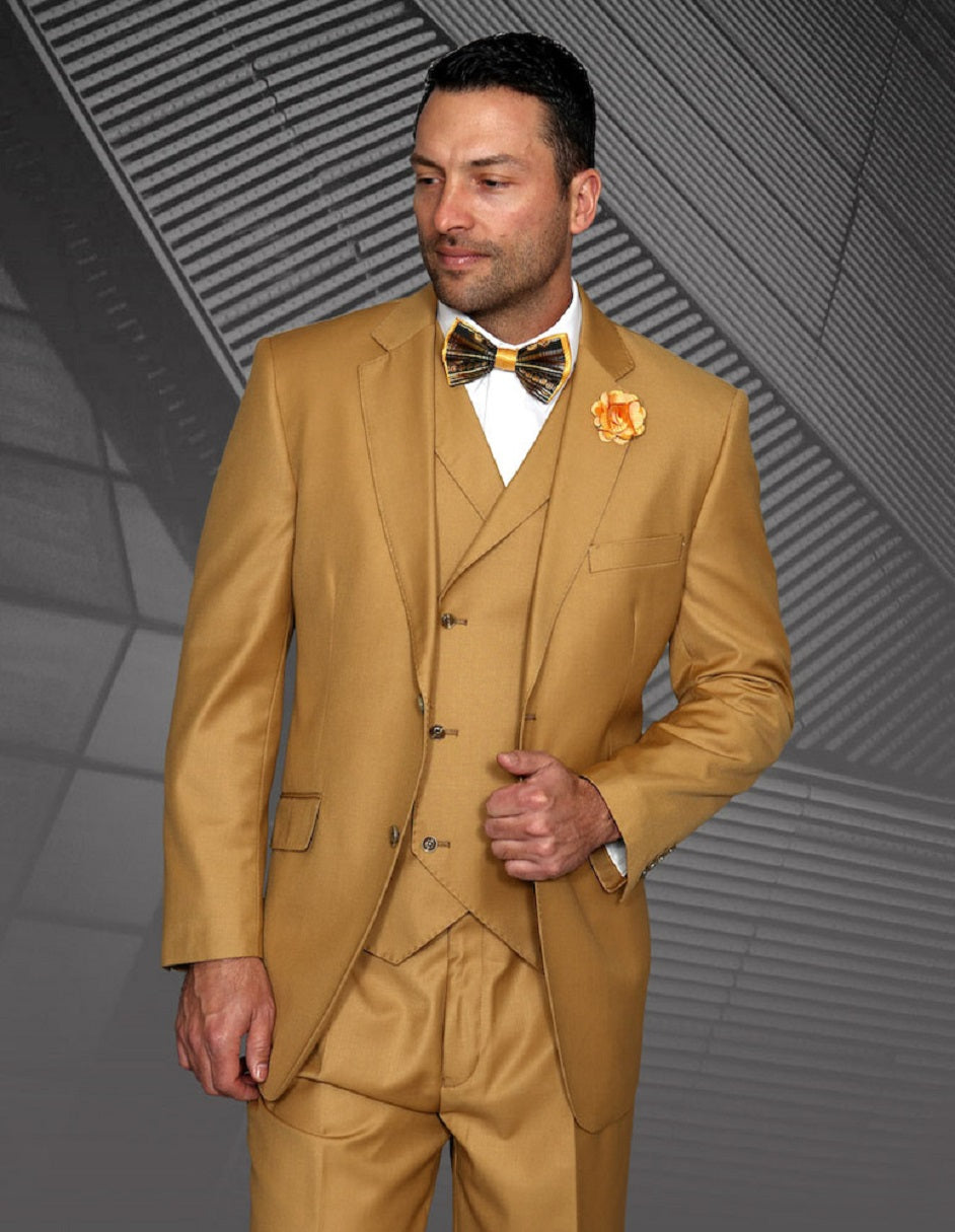 Mens 2 Button Classic Fit Pleated Pant Suit with Double Breasted Vest in Camel - 34 Short