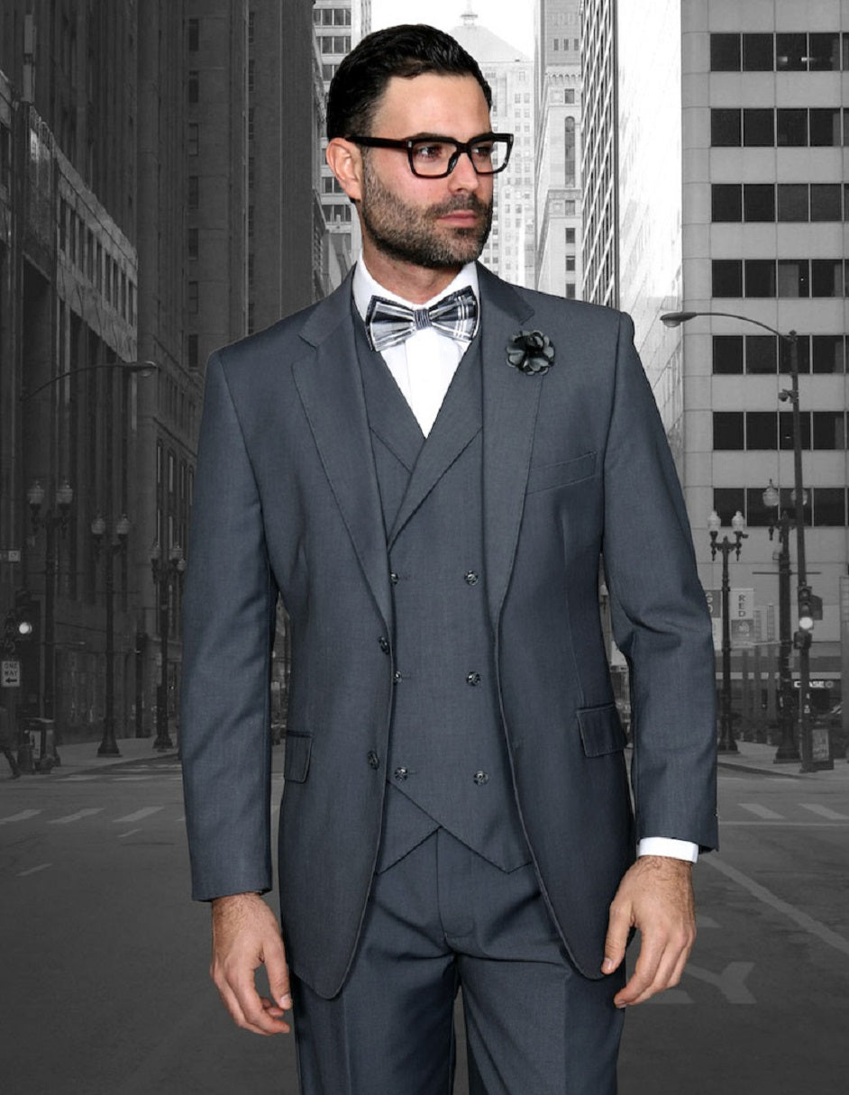 Mens 2 Button Classic Fit Pleated Pant Suit with Double Breasted Vest in Charcoal Grey - 44 Regular