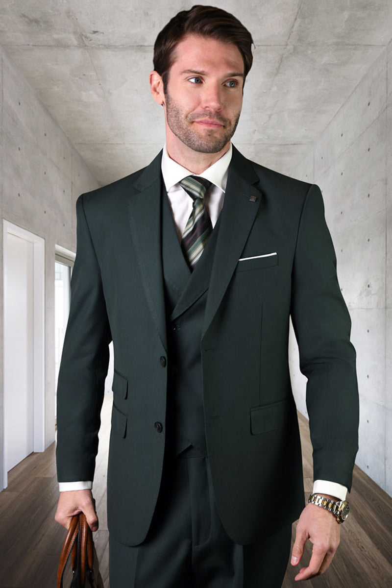 Men's Designer Classic Fit Pleated Pant Wool Suit with Double Breasted Vest in Hunter Green - 36 Short