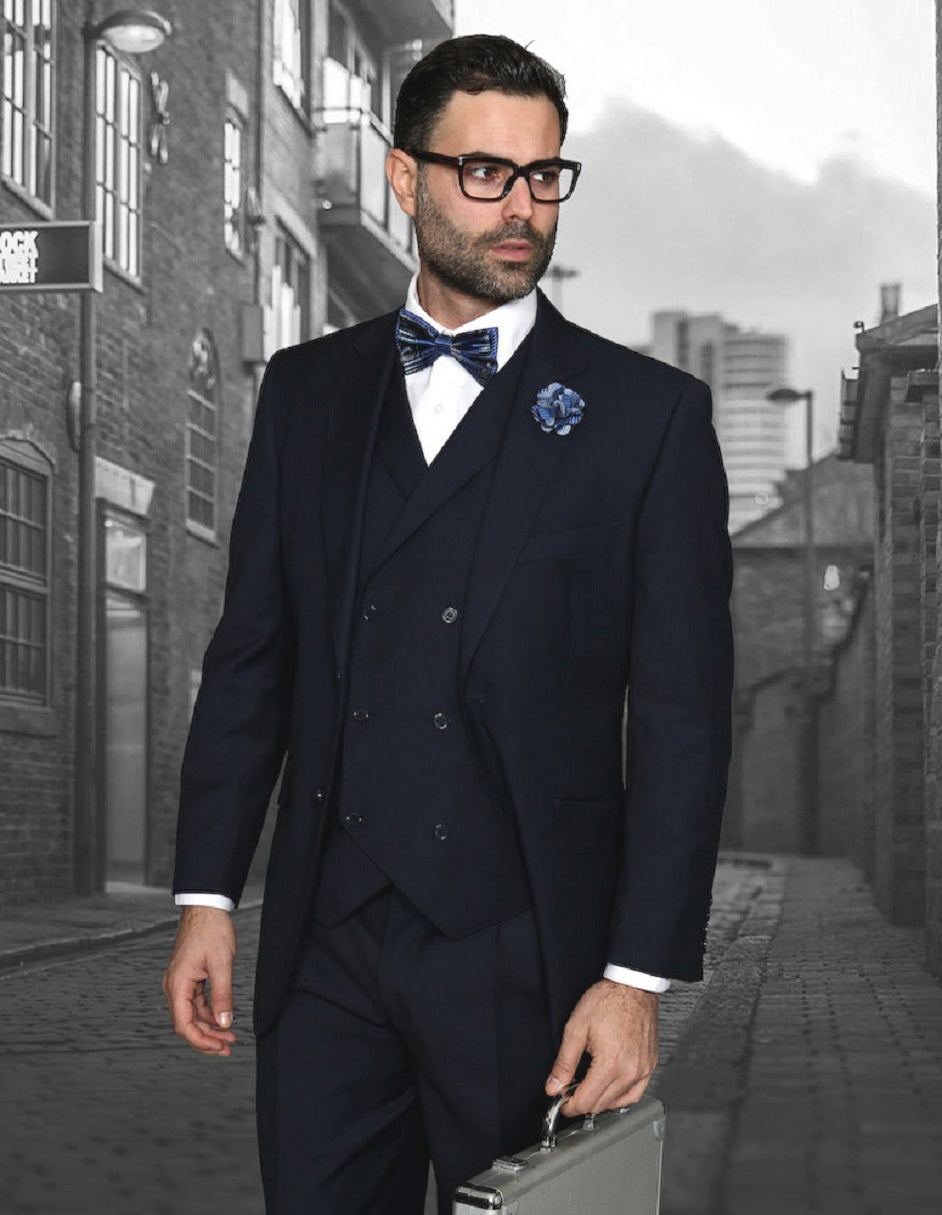 Mens 2 Button Classic Fit Pleated Pant Suit with Double Breasted Vest in Navy Blue - 34 Regular