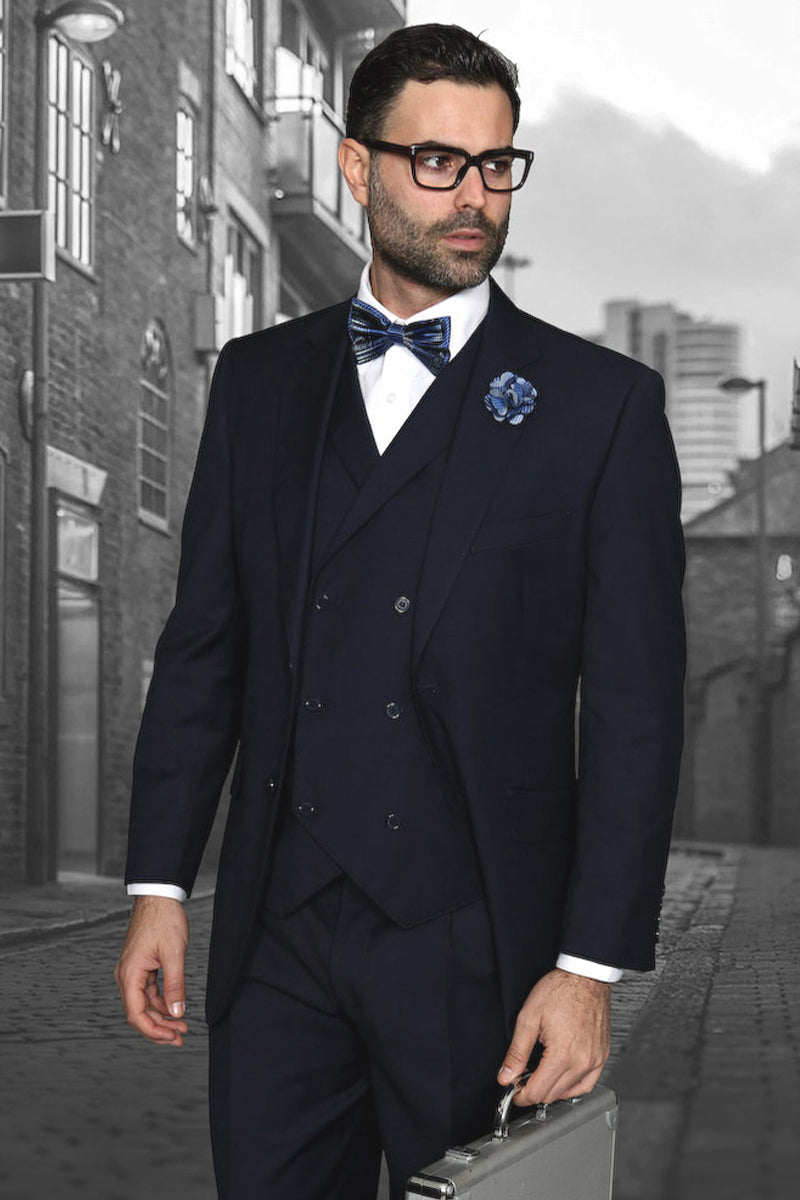 Men's Designer Classic Fit Pleated Pant Wool Suit with Double Breasted Vest in Navy Blue - 36 Short