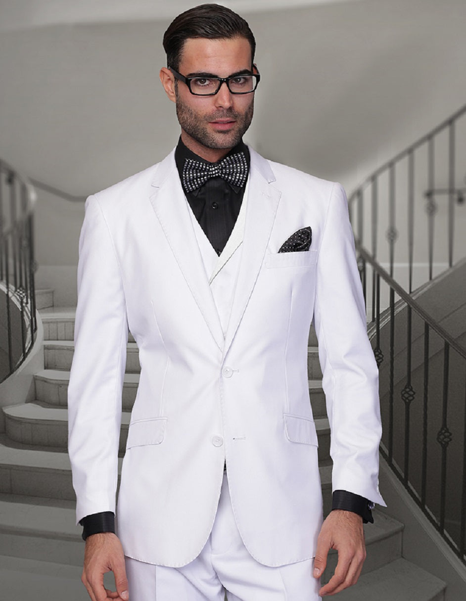 Mens 2 Button Classic Fit Pleated Pant Suit with Double Breasted Vest in White - 34 Short