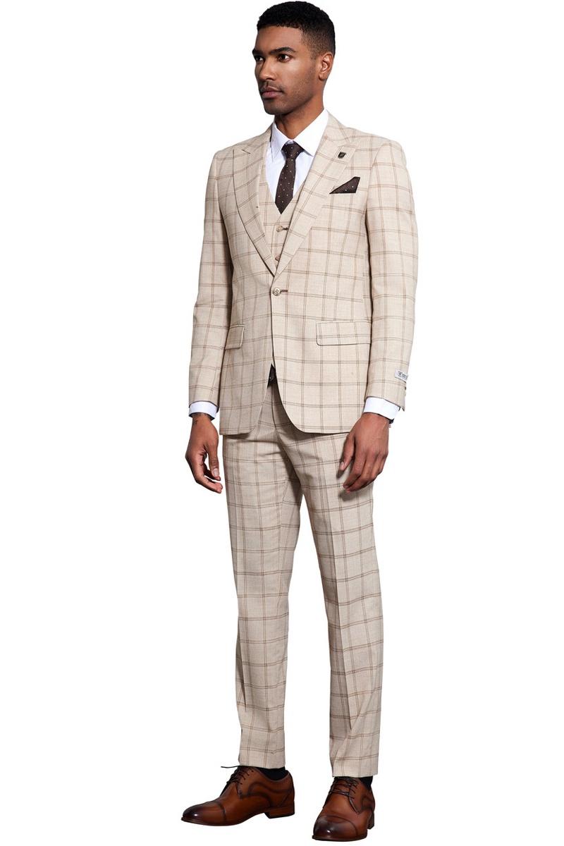 Men's Stacy Adams One Button Peak Lapel Vested Windowpane Plaid Suit in Tan - 38 Regular