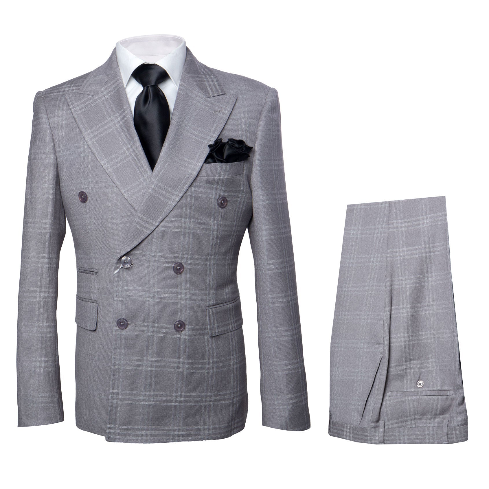 Mens Grey Double Breasted Windowpane Jacket with Flat Front Pants RM1796 - 34R